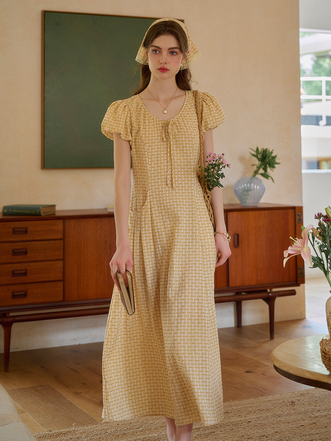 Willow Round Neck Plaid Puff Sleeve Viscose Dress - Yellow