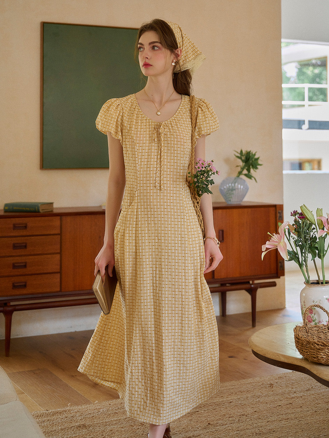Willow Round Neck Plaid Puff Sleeve Viscose Dress - Yellow