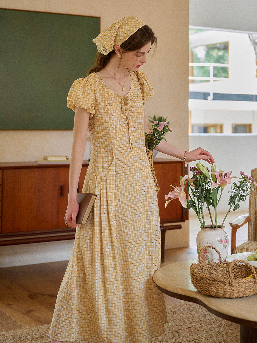 Willow Round Neck Plaid Puff Sleeve Viscose Dress - Yellow