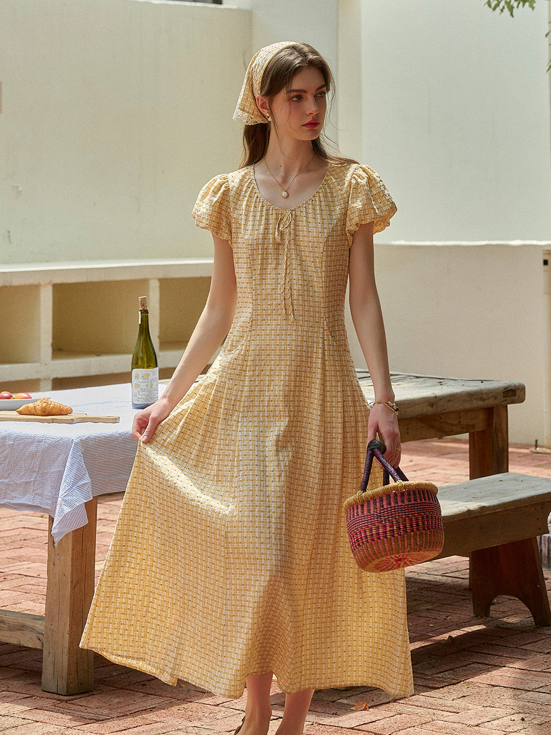 Willow Round Neck Plaid Puff Sleeve Viscose Dress - Yellow
