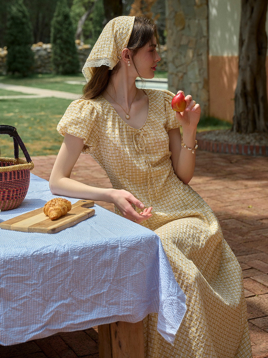 Willow Round Neck Plaid Puff Sleeve Viscose Dress - Yellow