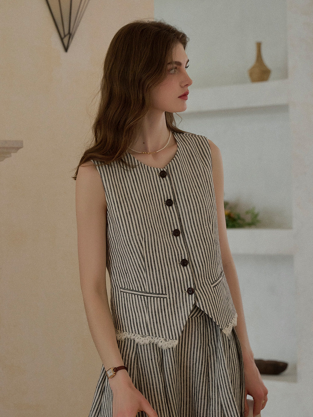 Ava Stripe Pleated 100% Linen Skirt