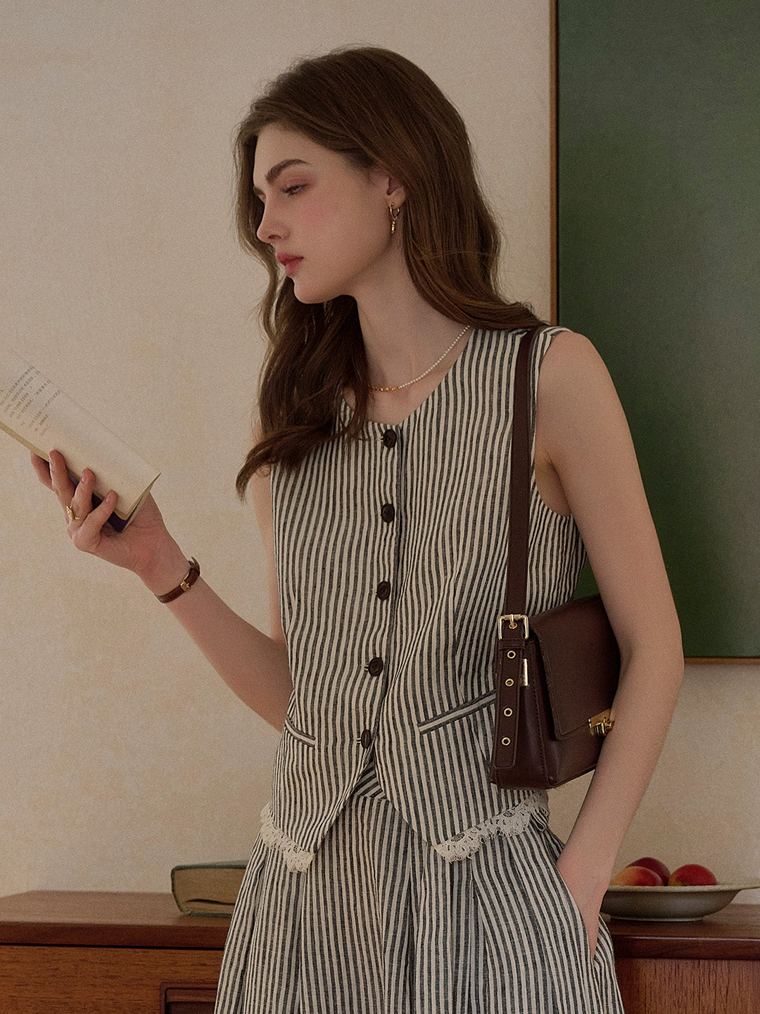 Ava Stripe Pleated 100% Linen Skirt
