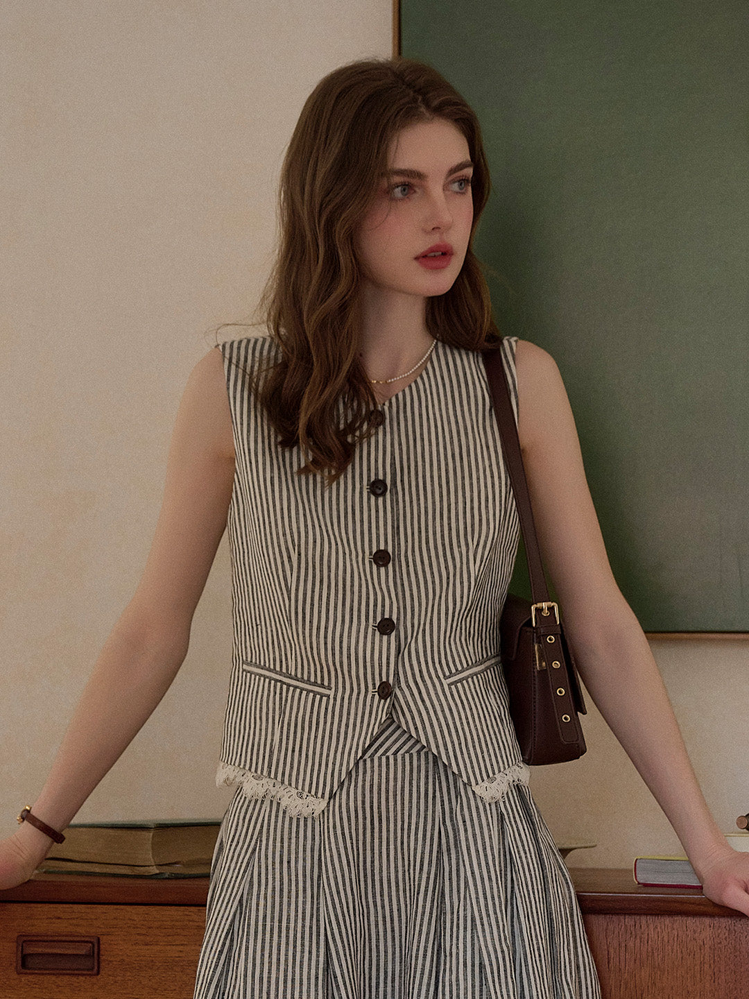 Ava Stripe Pleated 100% Linen Skirt