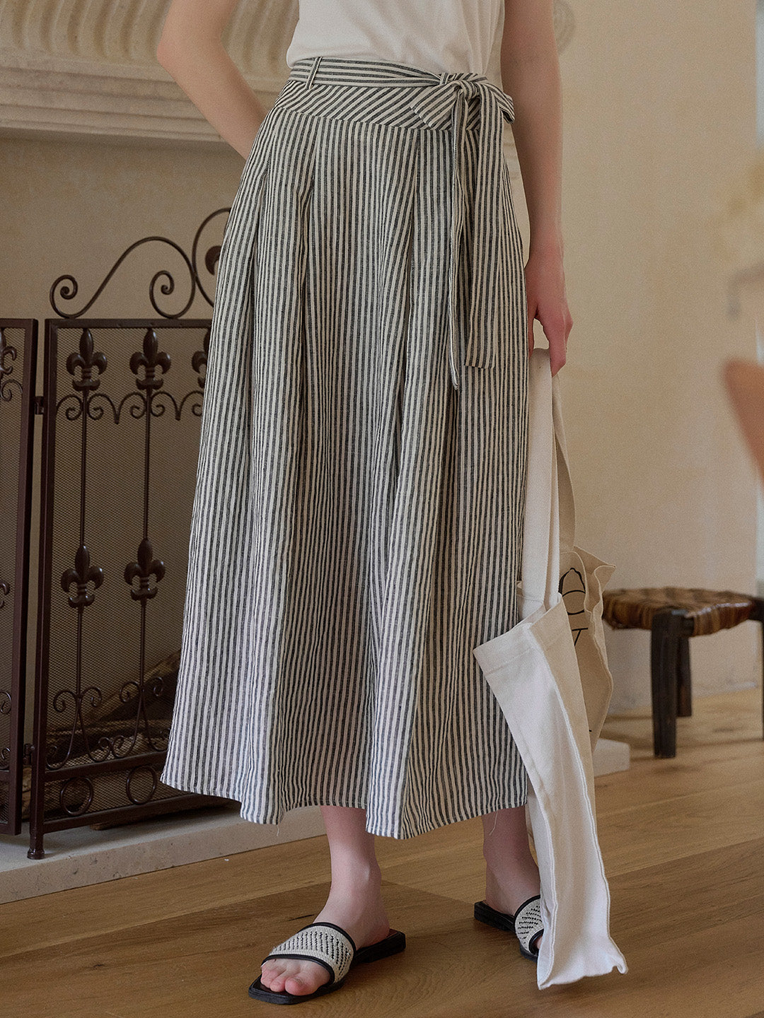 Ava Stripe Pleated 100% Linen Skirt