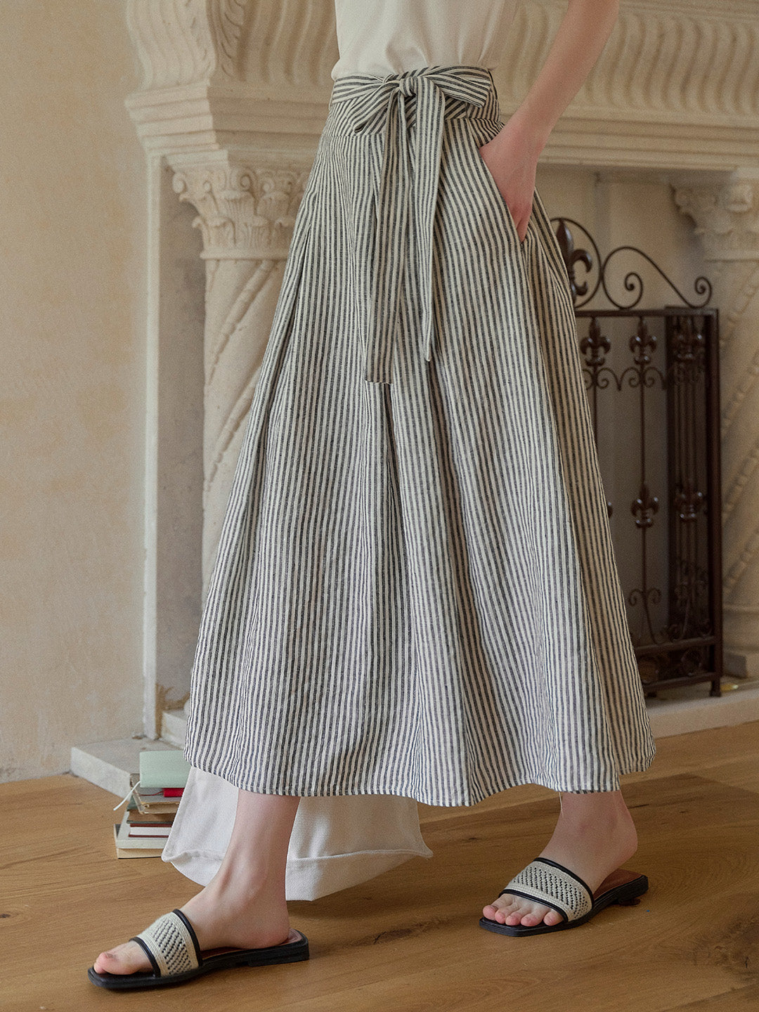 Ava Stripe Pleated 100% Linen Skirt