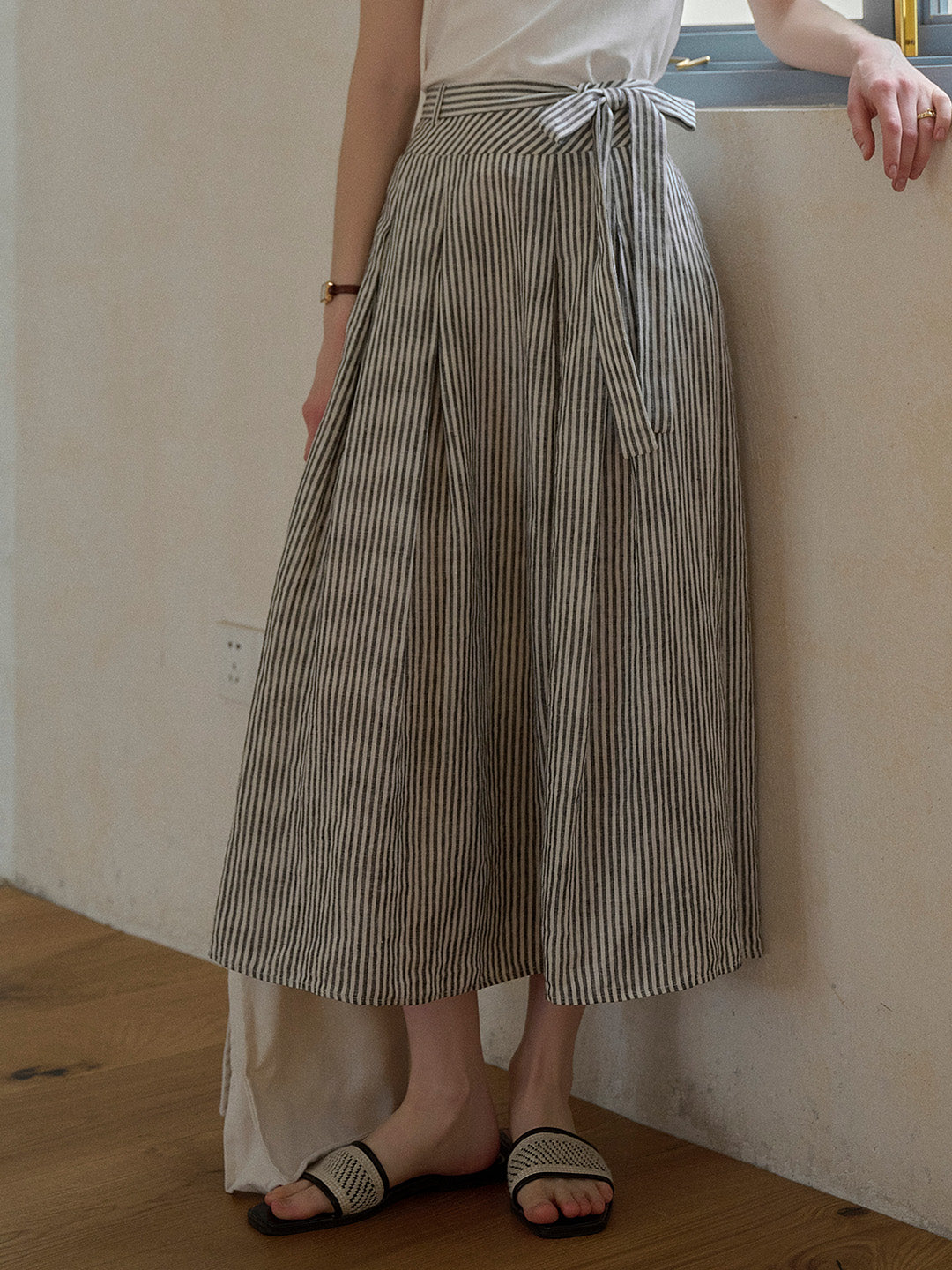 Ava Stripe Pleated 100% Linen Skirt