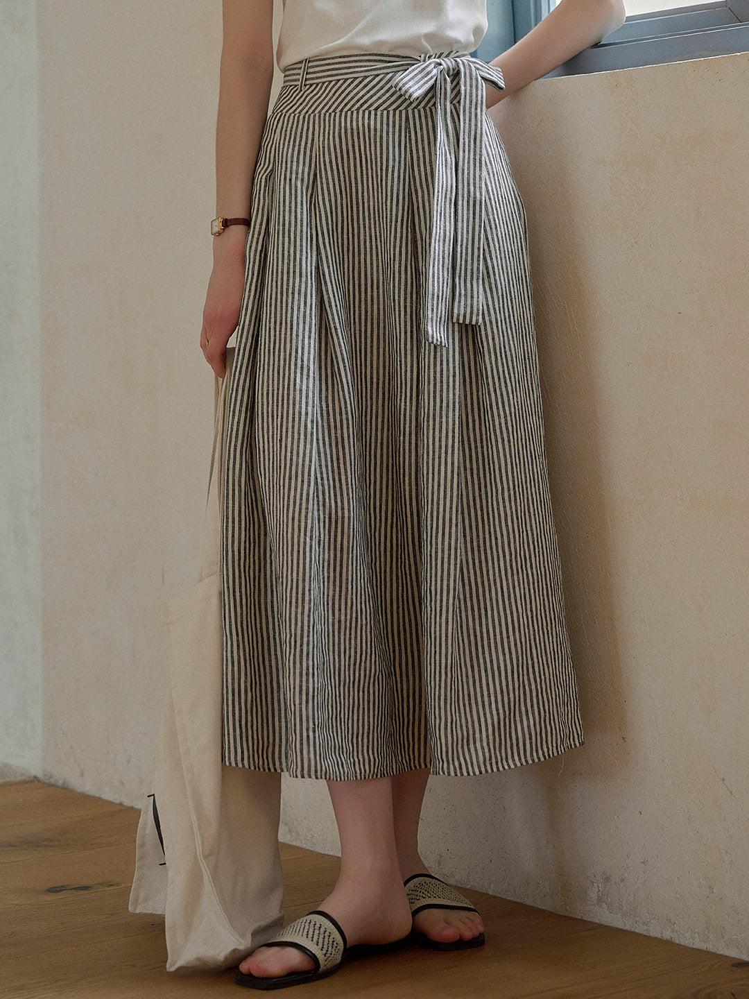 Ava Stripe Pleated 100% Linen Skirt