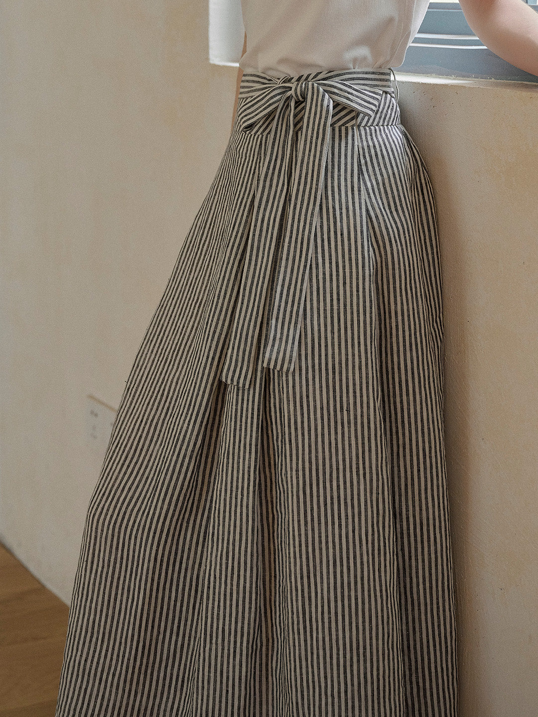 Ava Stripe Pleated 100% Linen Skirt