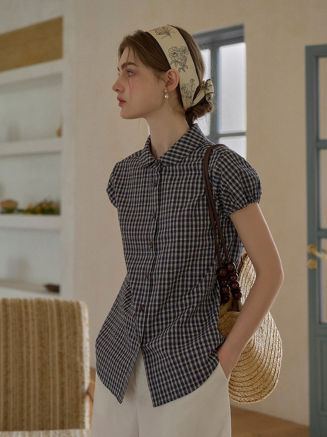 Chloe Peter Pan Collar Plaid Cotton Blouse