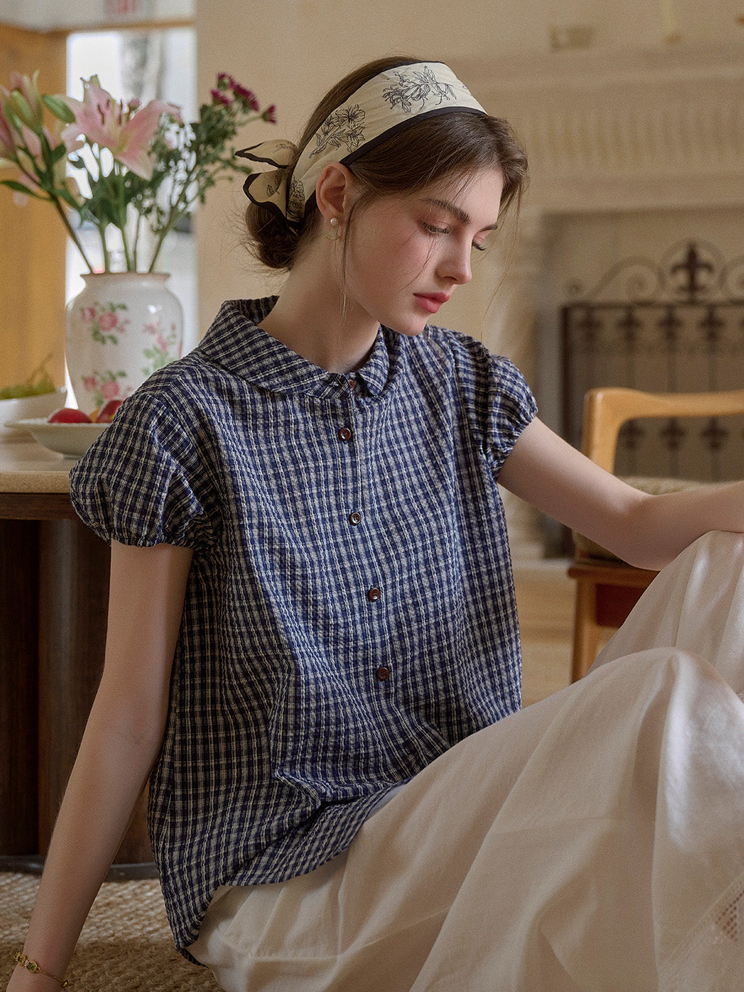 Chloe Peter Pan Collar Plaid Cotton Blouse