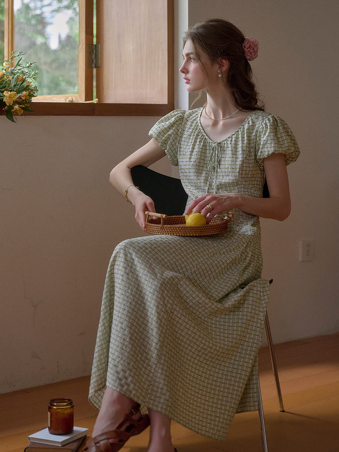 Willow Round Neck Plaid Puff Sleeve Viscose Dress - Yellow