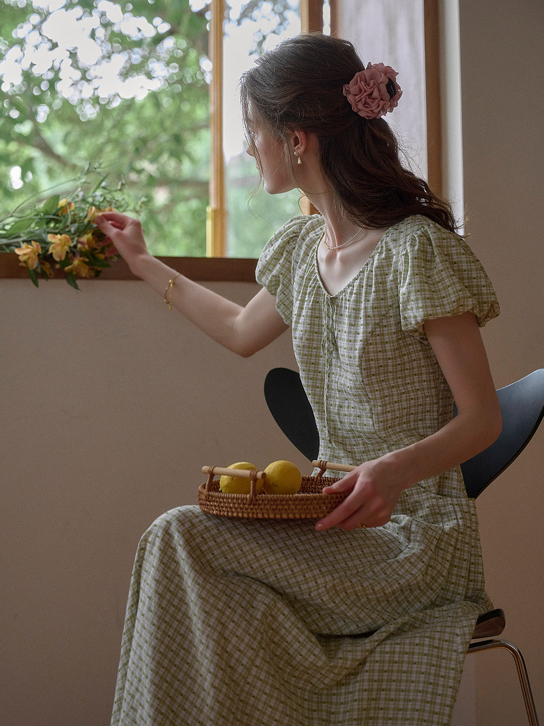 Willow Round Neck Plaid Puff Sleeve Viscose Dress - Yellow