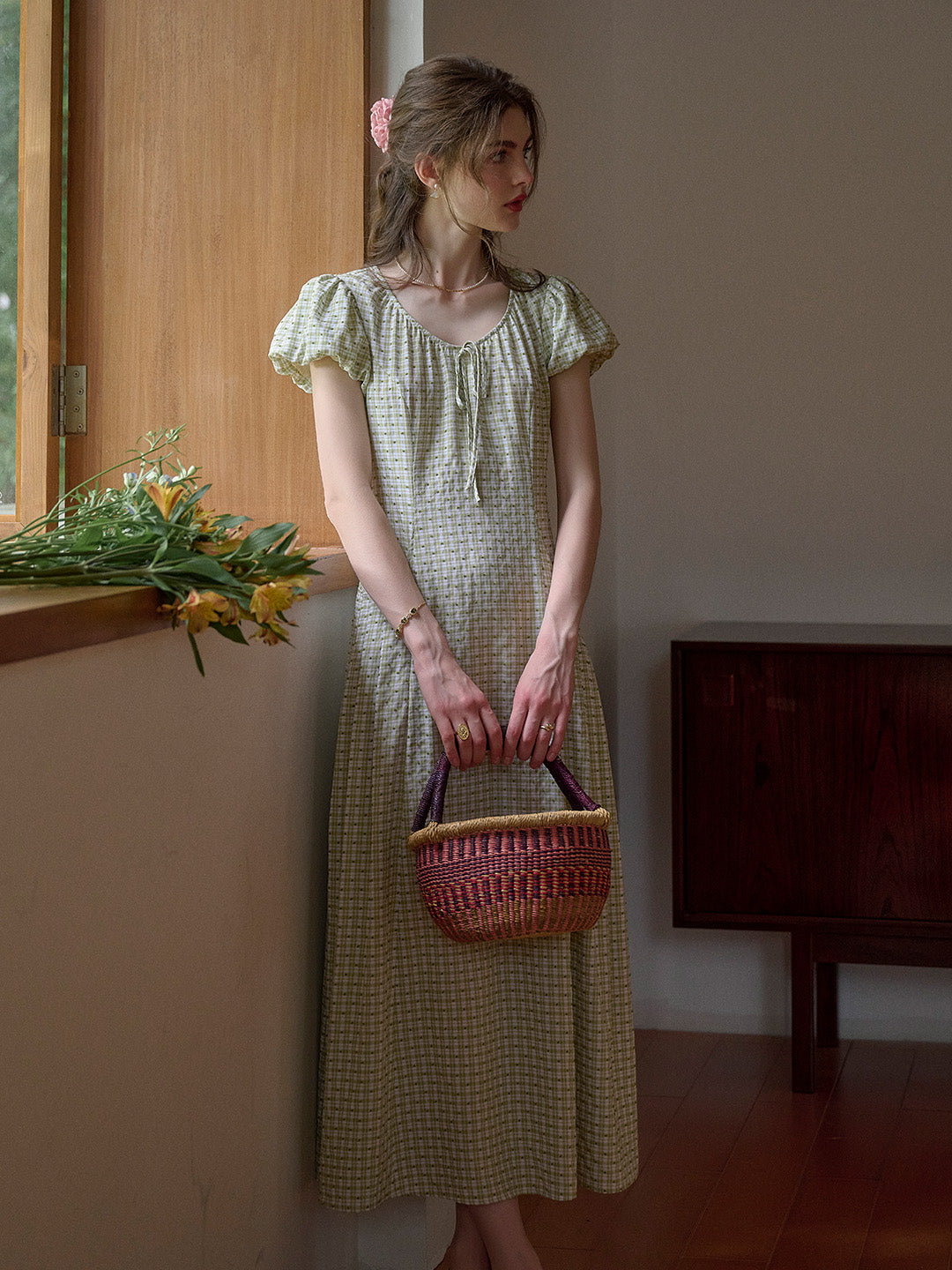 Willow Round Neck Plaid Puff Sleeve Viscose Dress - Yellow