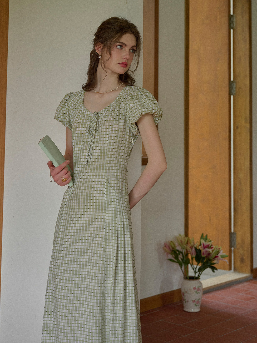 Willow Round Neck Plaid Puff Sleeve Viscose Dress - Yellow