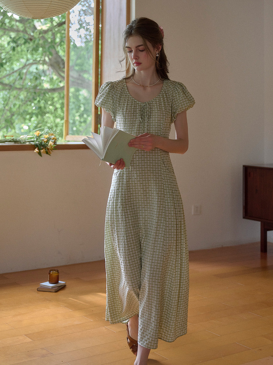 Willow Round Neck Plaid Puff Sleeve Viscose Dress - Yellow