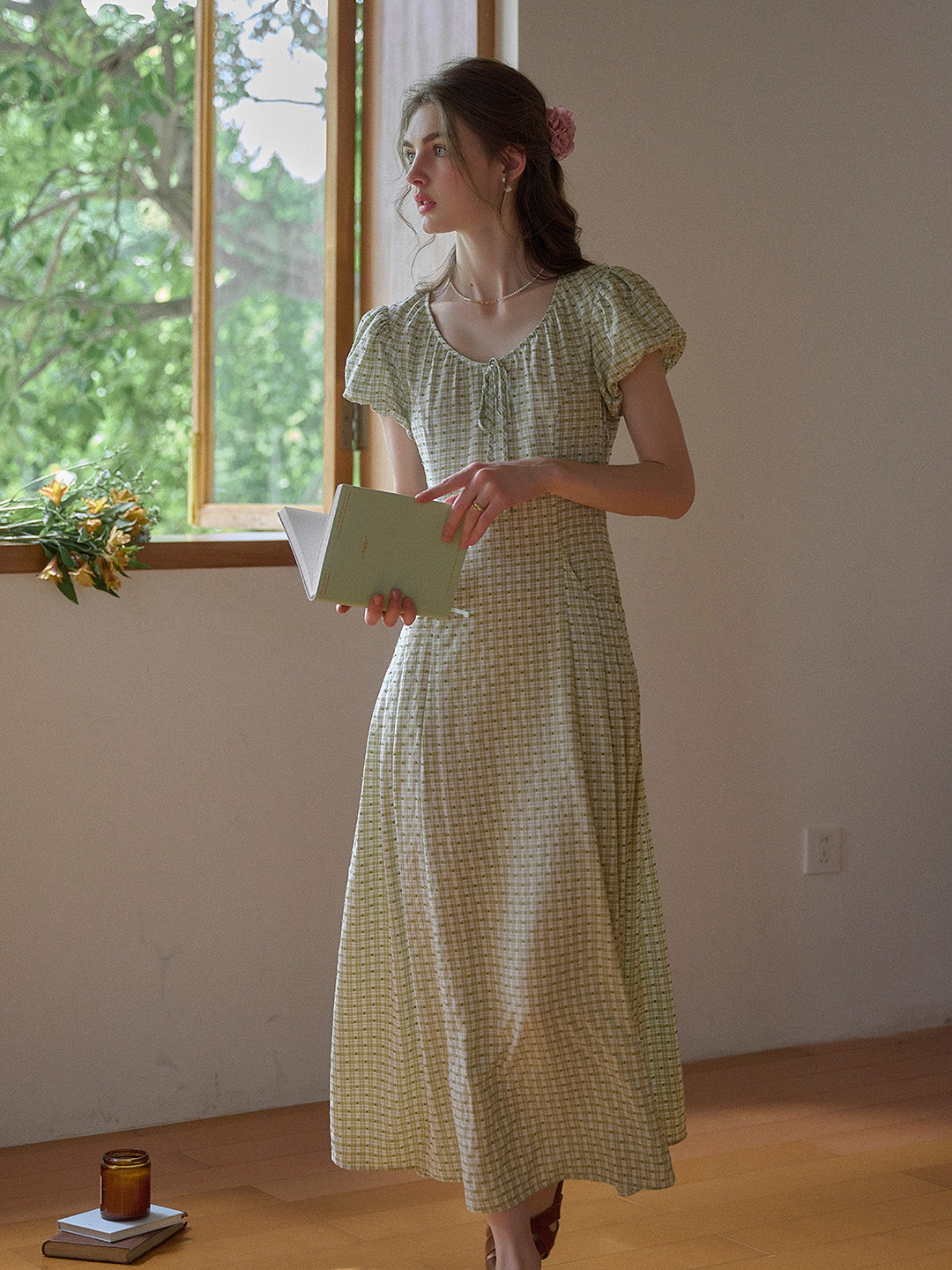 Willow Round Neck Plaid Puff Sleeve Viscose Dress - Yellow