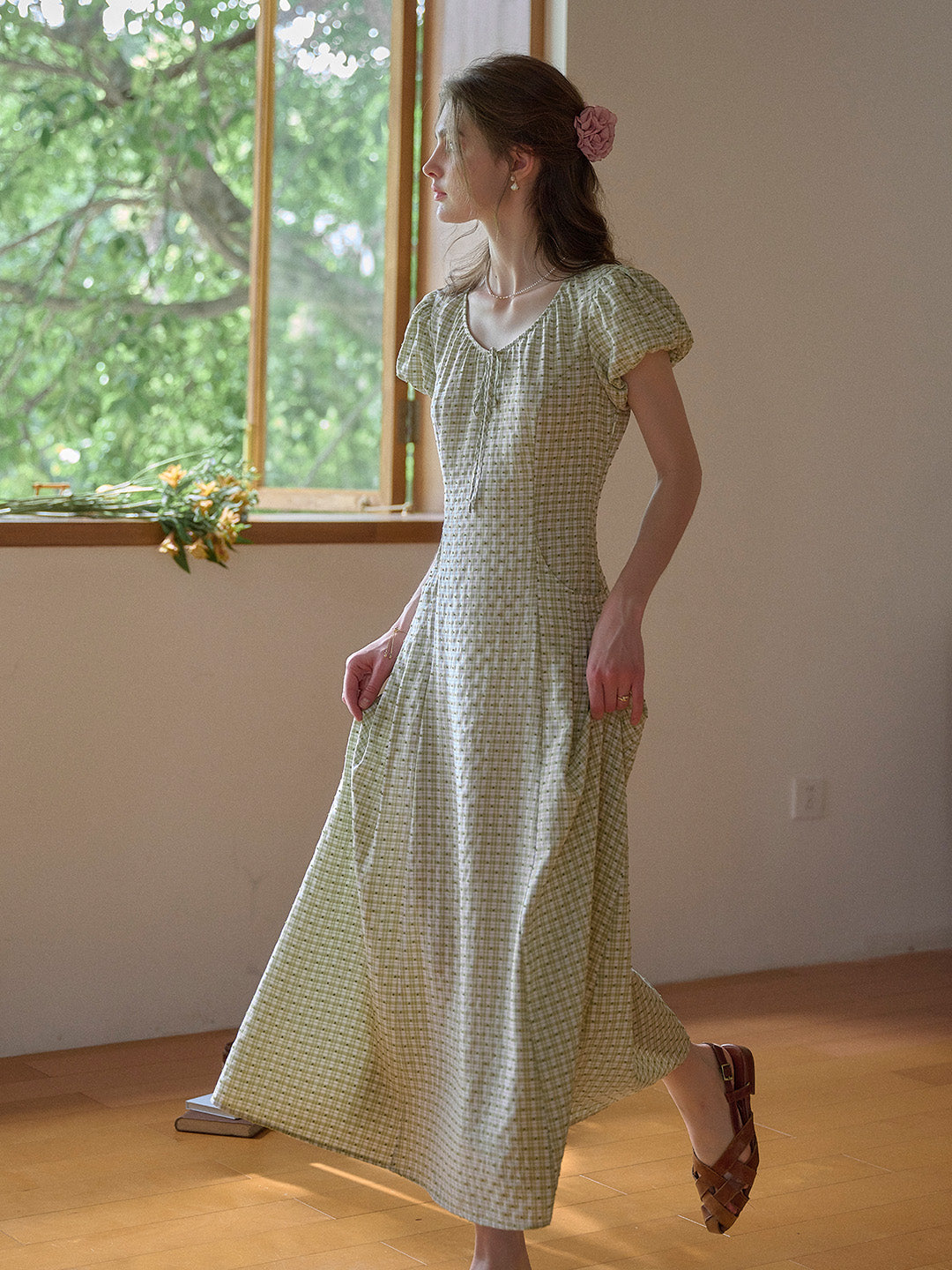 Willow Round Neck Plaid Puff Sleeve Viscose Dress - Yellow