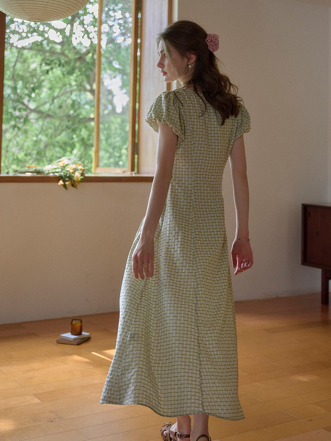 Willow Round Neck Plaid Puff Sleeve Viscose Dress - Yellow