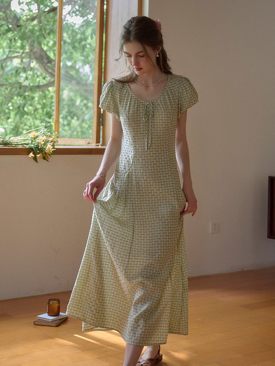 Willow Round Neck Plaid Puff Sleeve Viscose Dress - Yellow