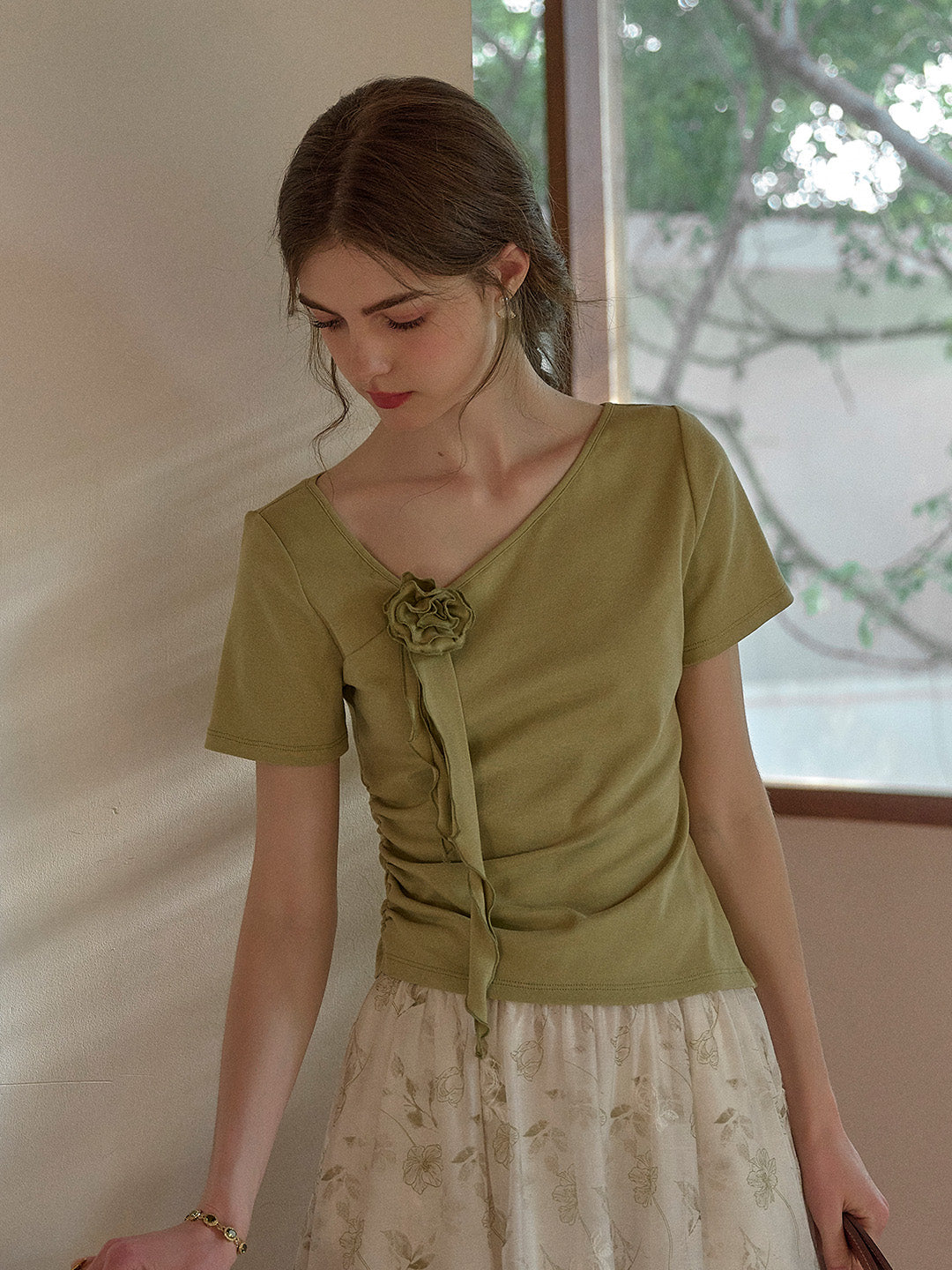 Emma Round Neck 3D Rose Cotton Blouse