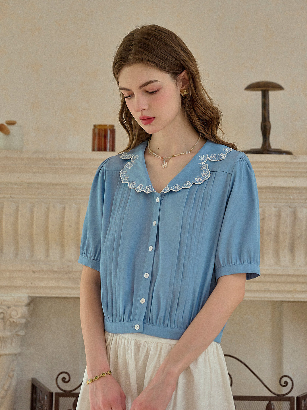Miriam V-Neck Lace Tuck Pleats Blouse