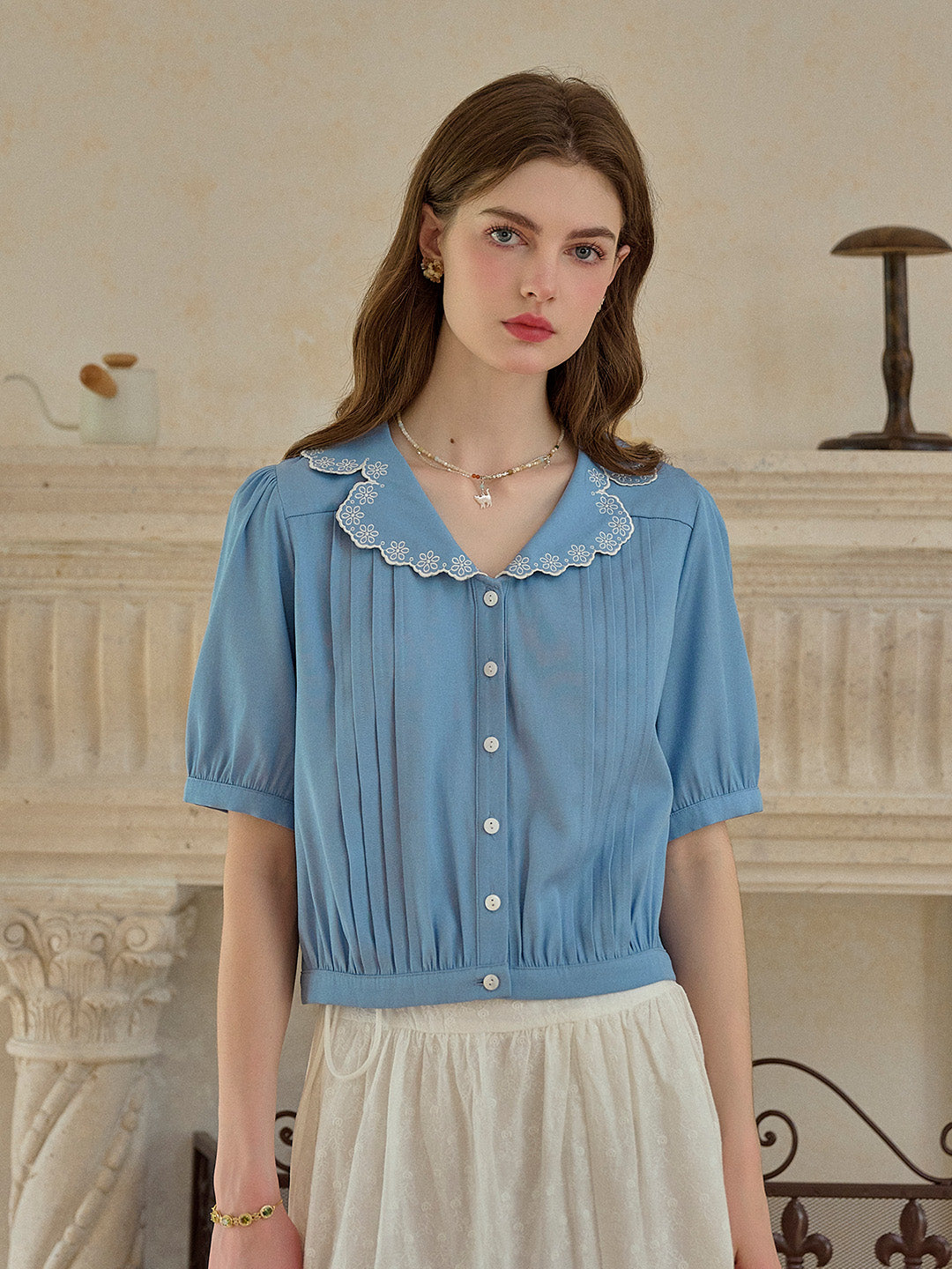 Miriam V-Neck Lace Tuck Pleats Blouse