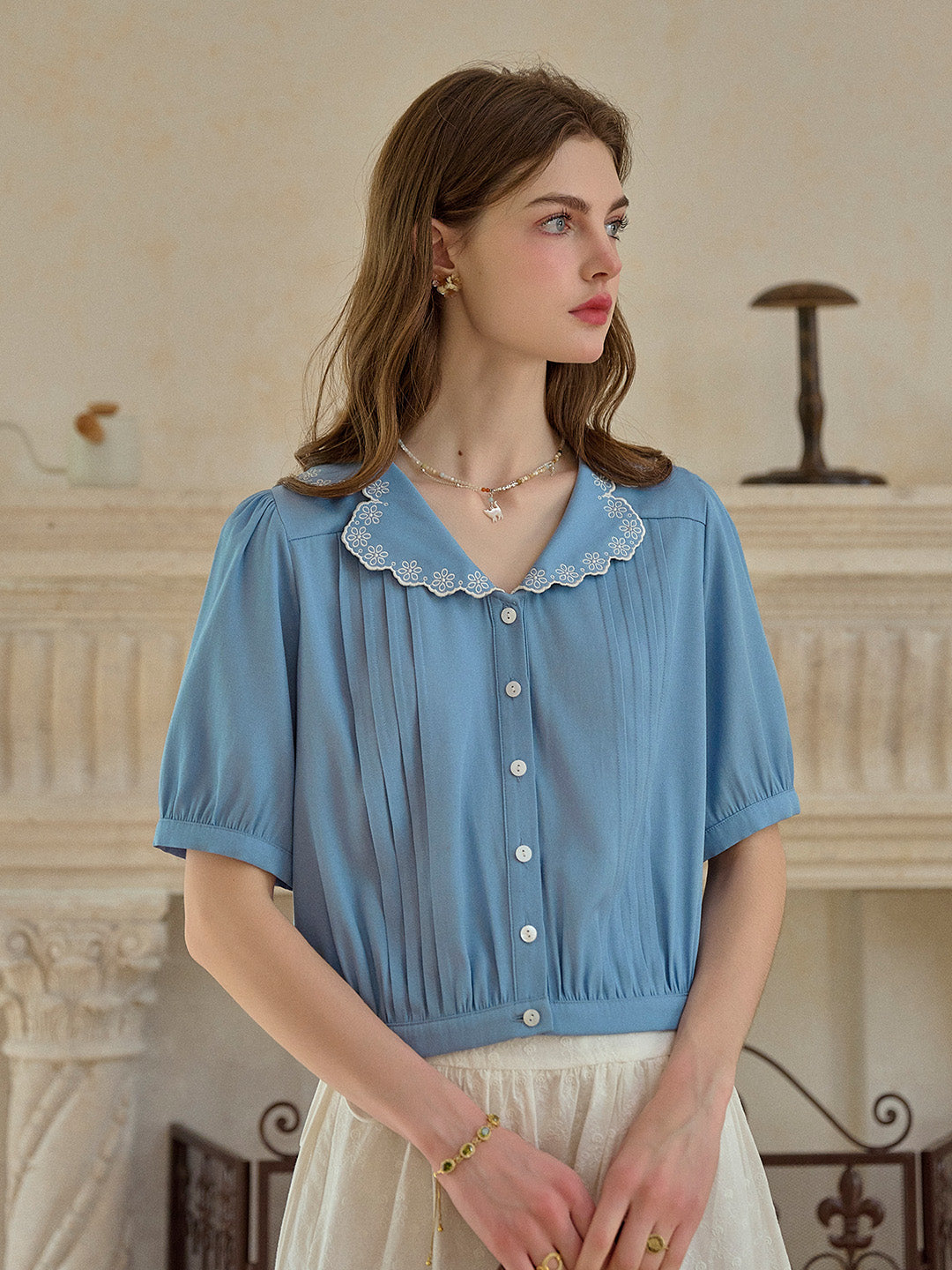 Miriam V-Neck Lace Tuck Pleats Blouse