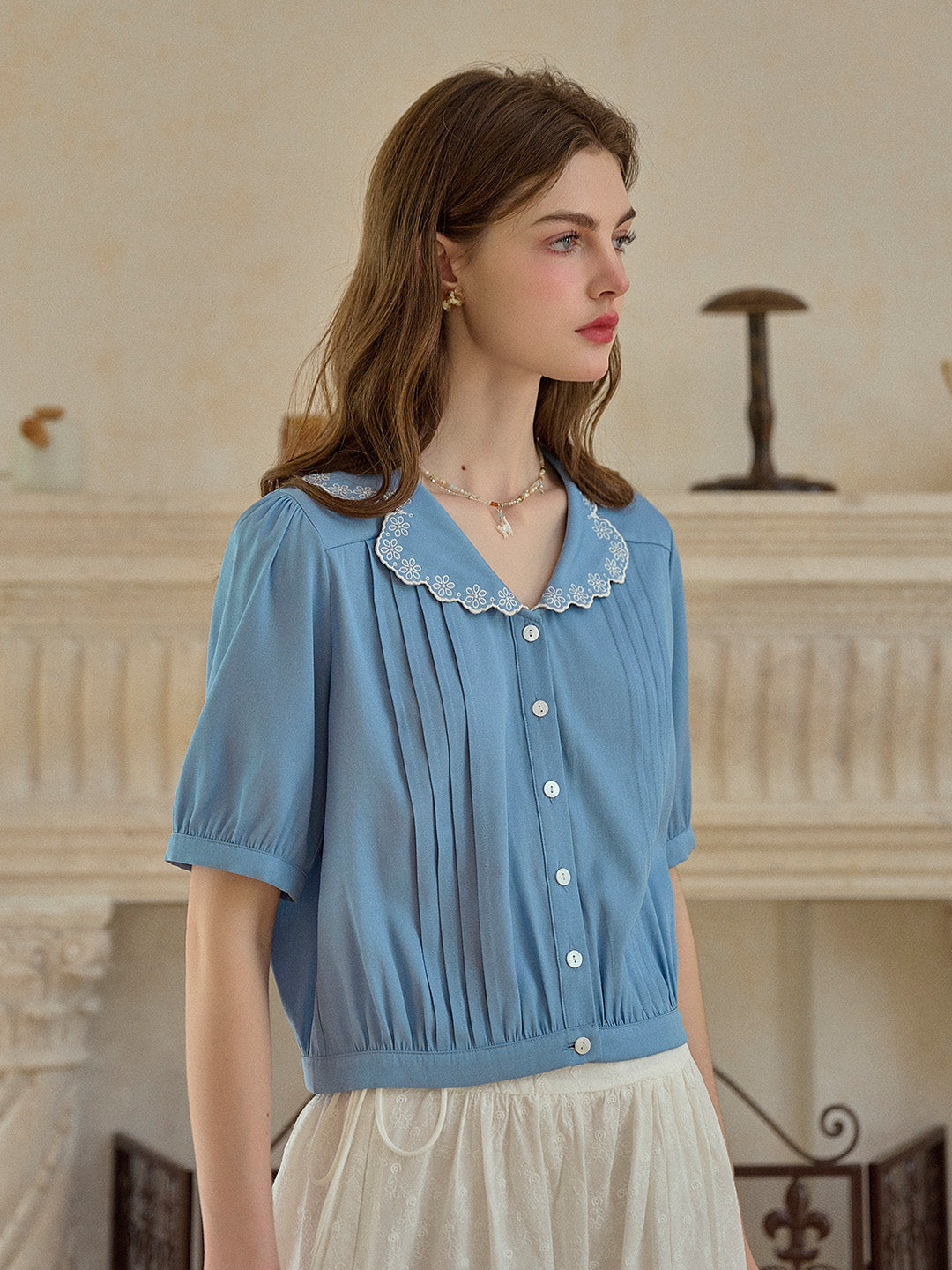 Miriam V-Neck Lace Tuck Pleats Blouse