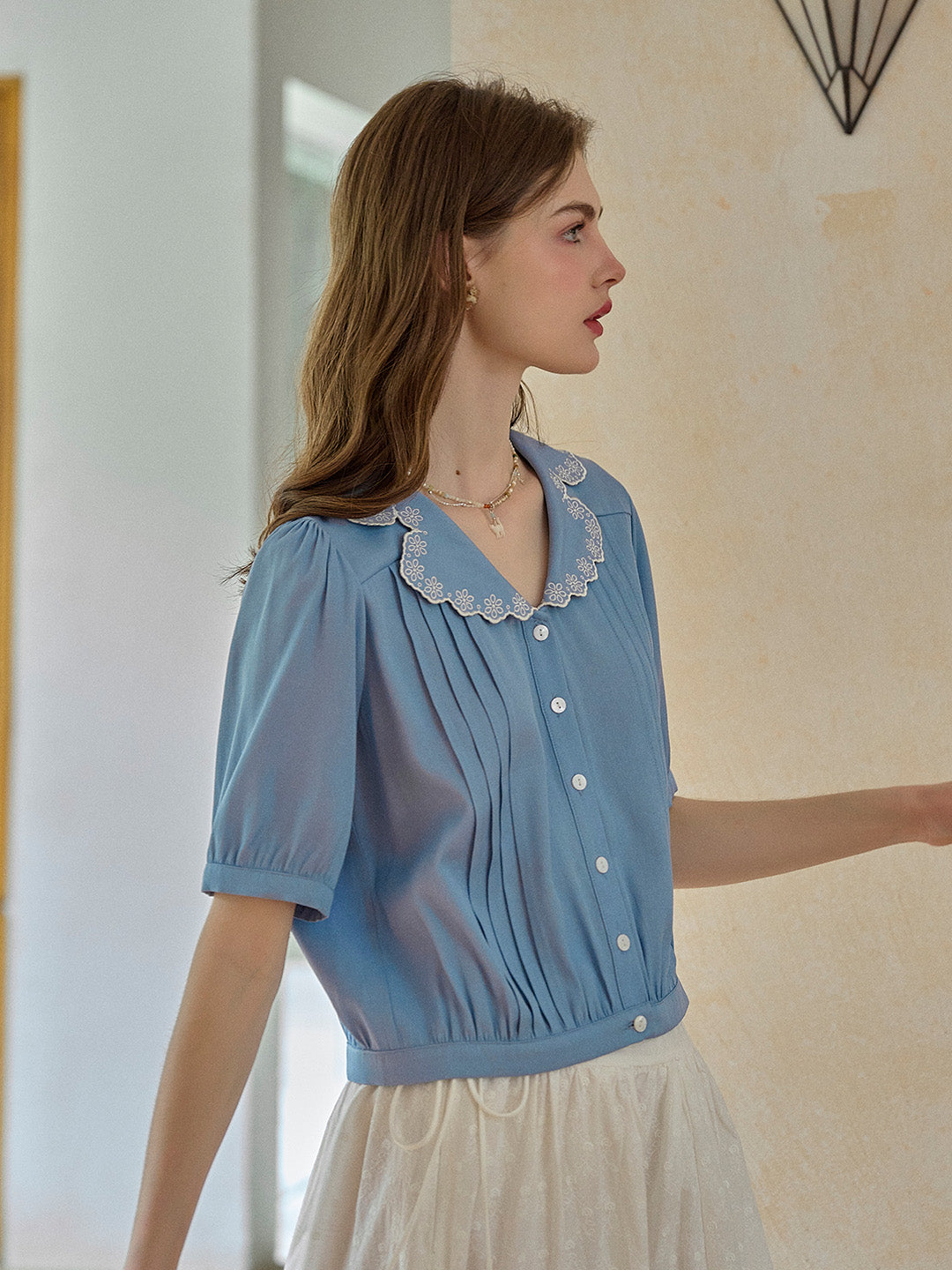 Miriam V-Neck Lace Tuck Pleats Blouse