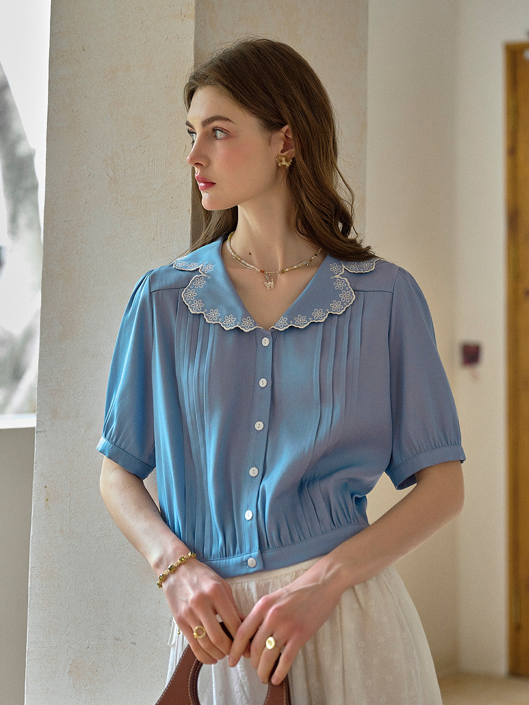 Miriam V-Neck Lace Tuck Pleats Blouse