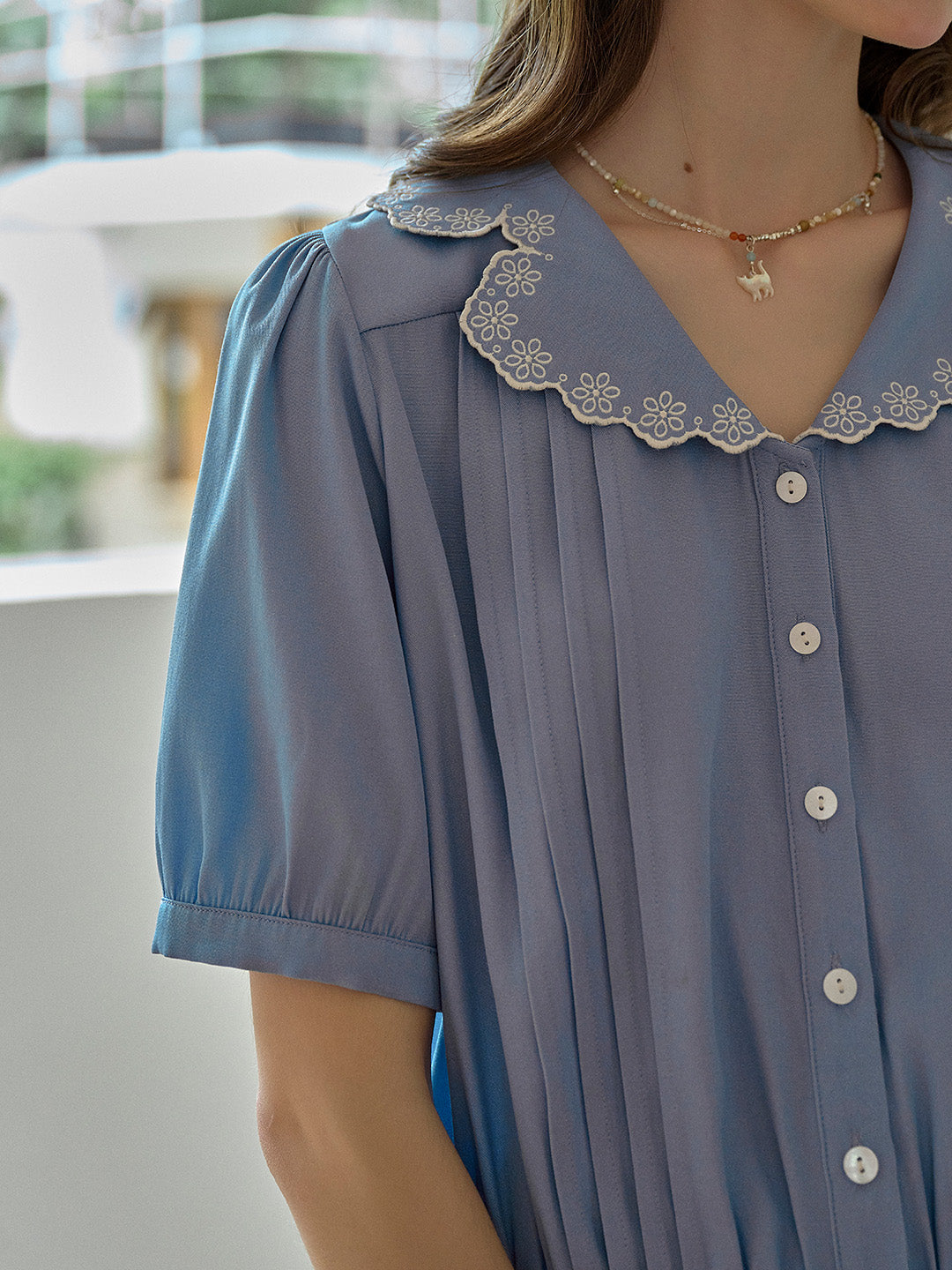 Miriam V-Neck Lace Tuck Pleats Blouse