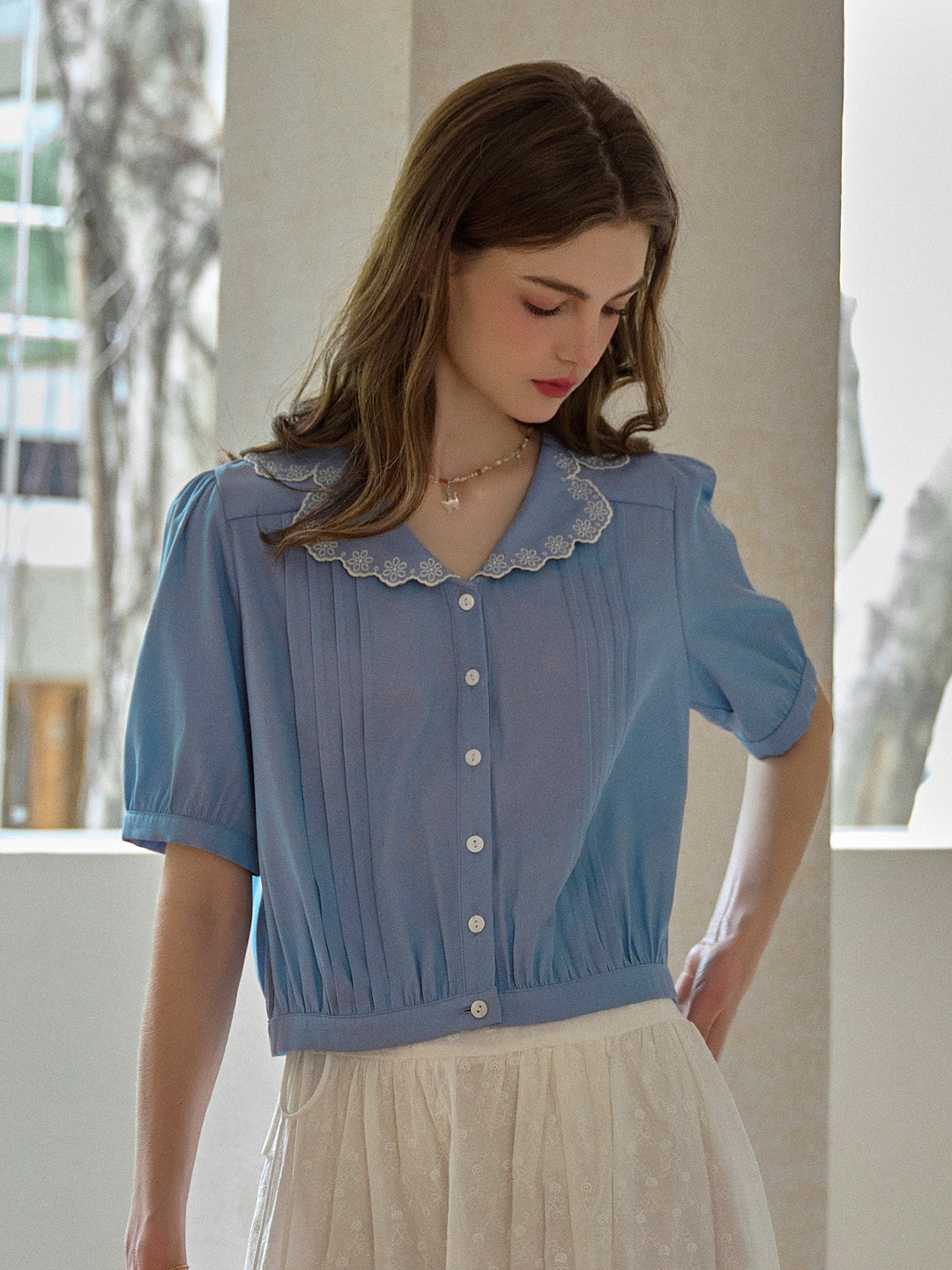 Miriam V-Neck Lace Tuck Pleats Blouse