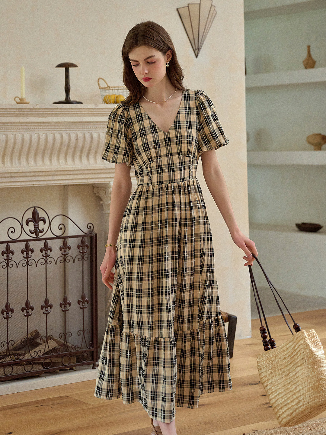 Annika V-Neck Plaid Viscose Dress