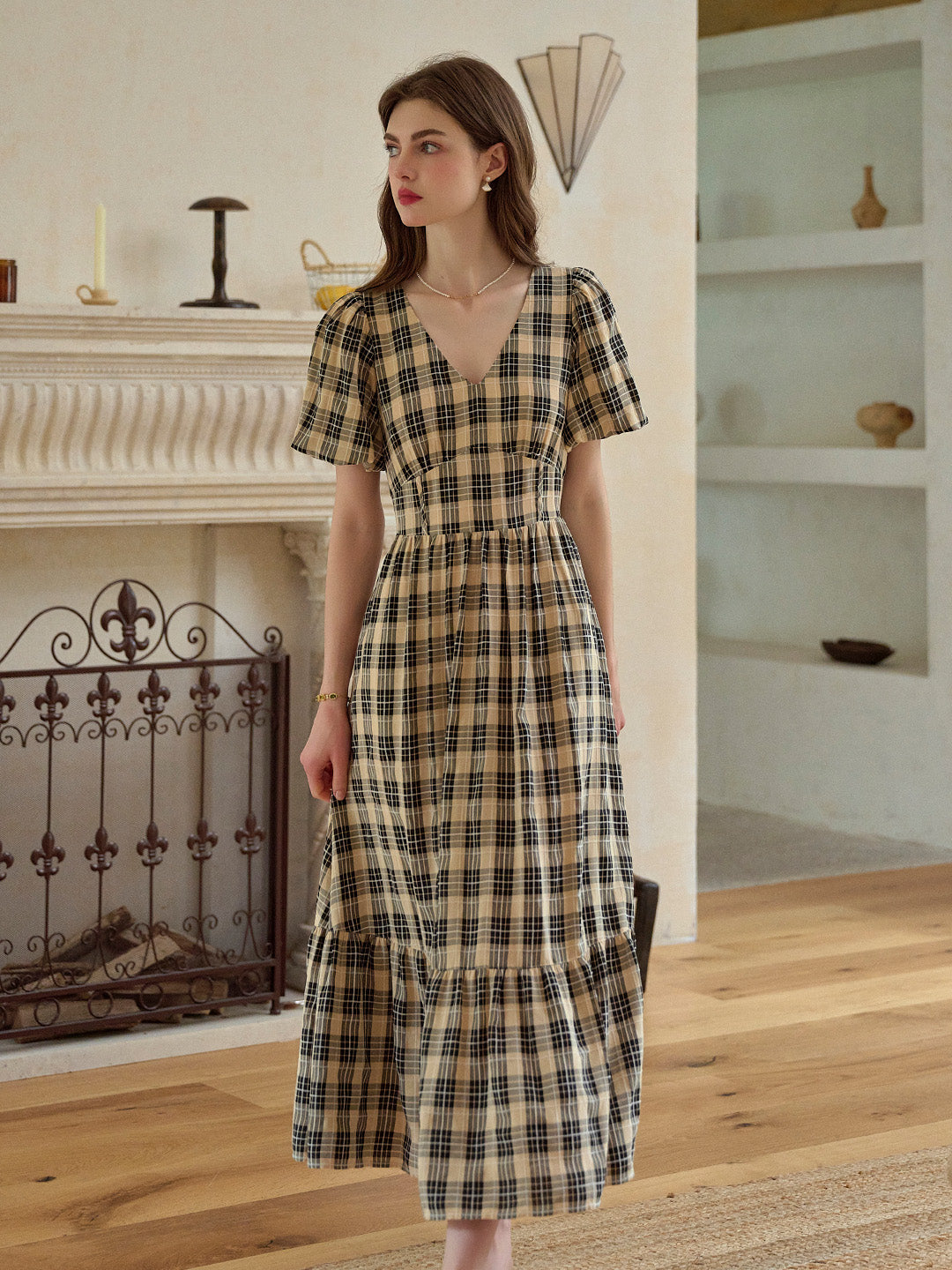 Annika V-Neck Plaid Viscose Dress