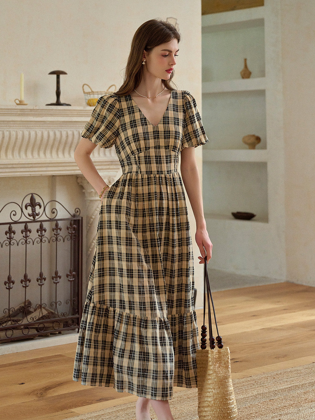 Annika V-Neck Plaid Viscose Dress