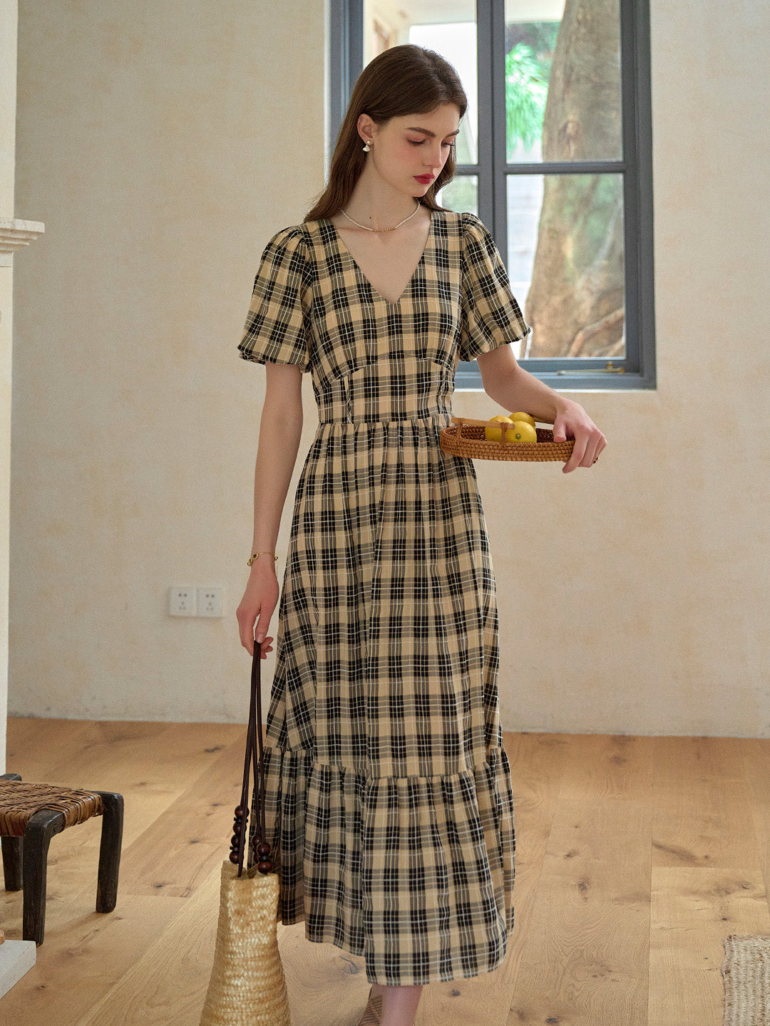 Annika V-Neck Plaid Viscose Dress