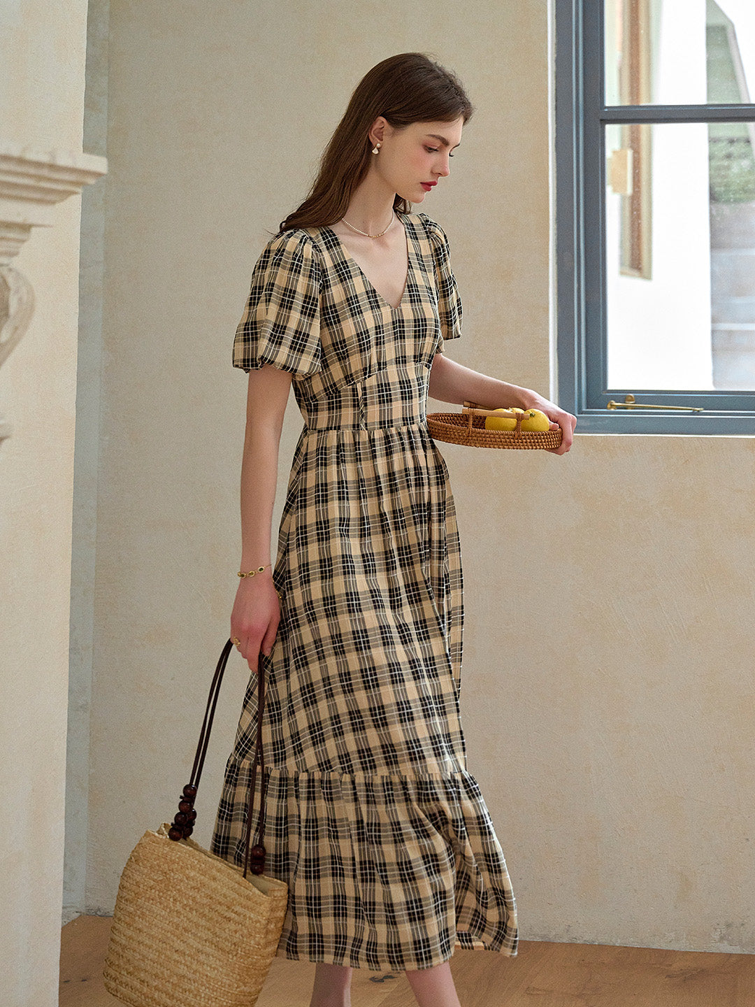 Annika V-Neck Plaid Viscose Dress