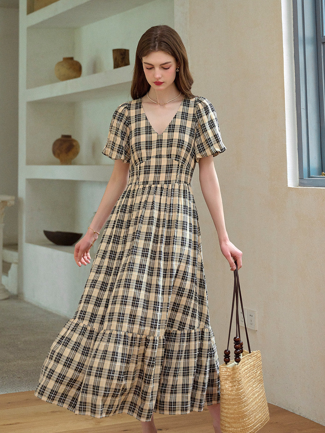 Annika V-Neck Plaid Viscose Dress