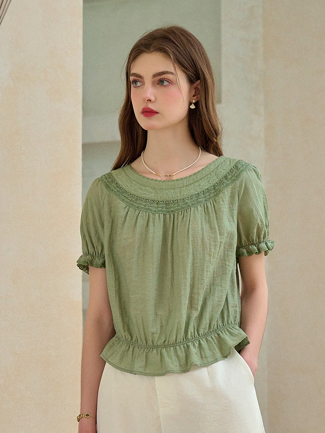 Simone Round Neck Puff Sleeve Linen Blouse