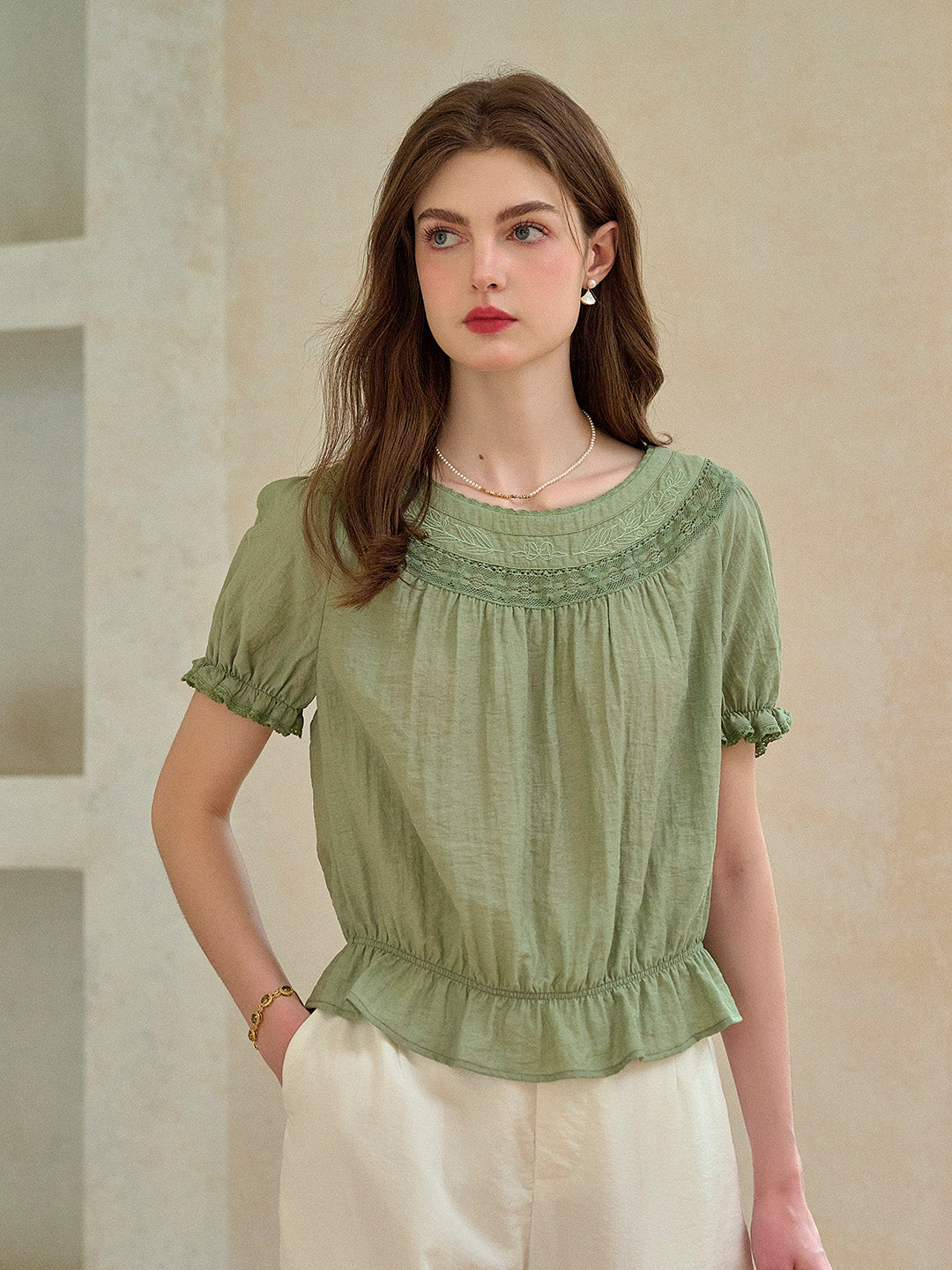 Simone Round Neck Puff Sleeve Linen Blouse