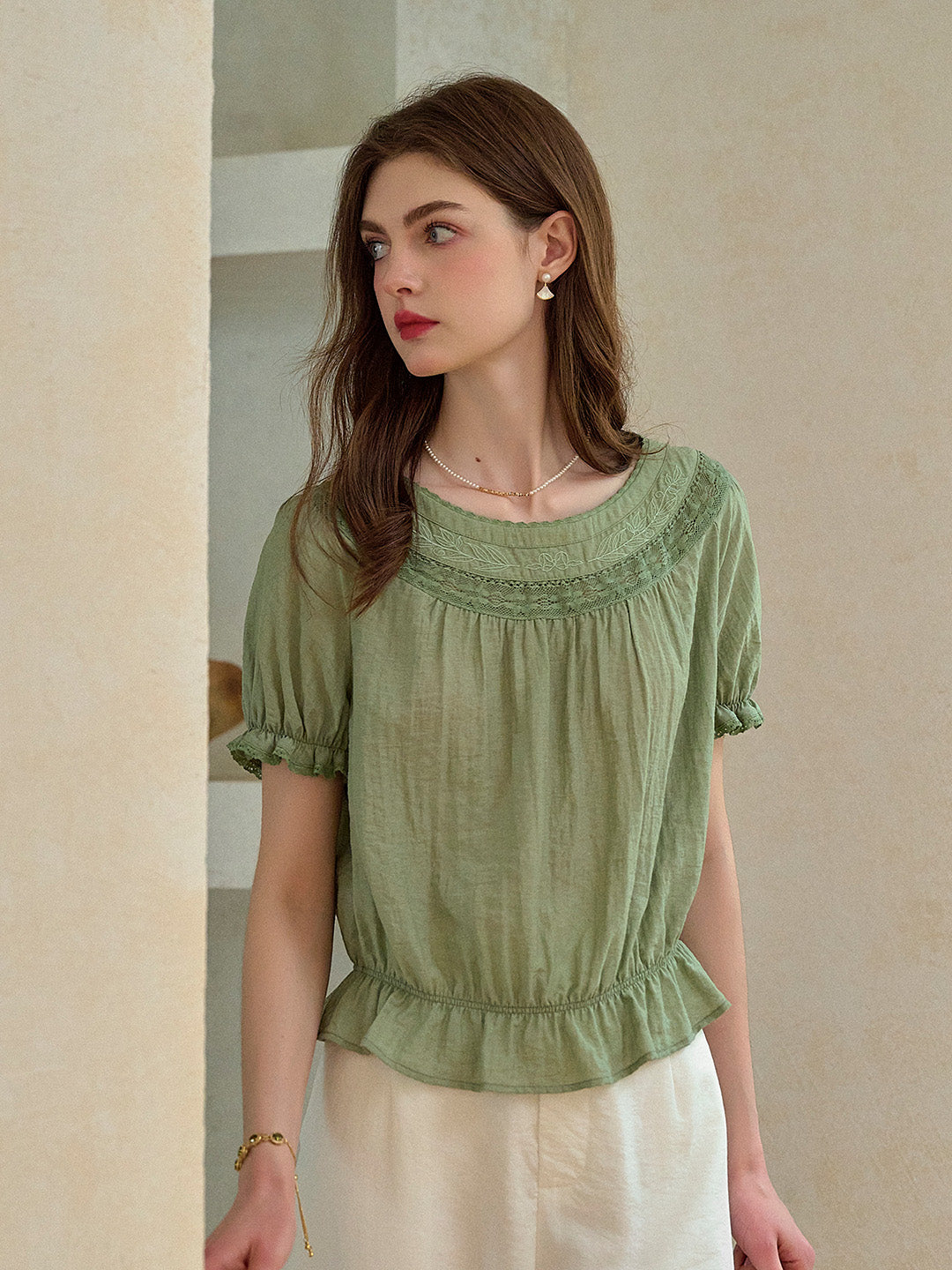 Simone Round Neck Puff Sleeve Linen Blouse