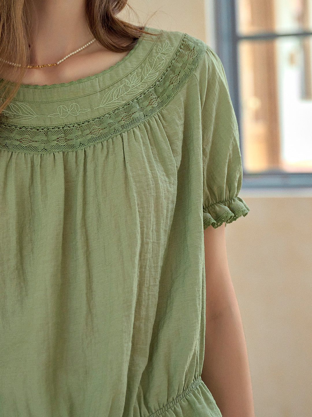Simone Round Neck Puff Sleeve Linen Blouse