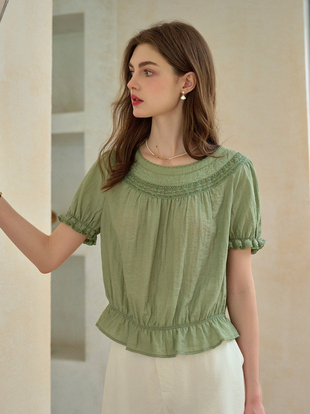 Simone Round Neck Puff Sleeve Linen Blouse