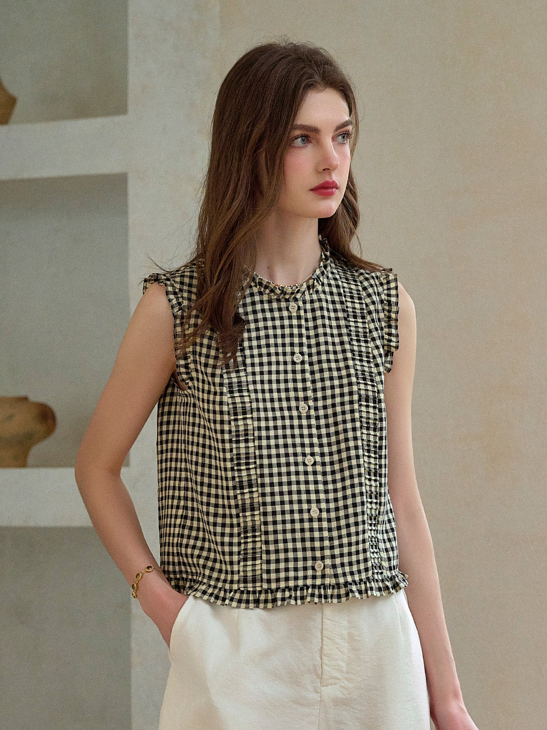 Tessa Round Neck Plaid Sleeveless Viscose Top