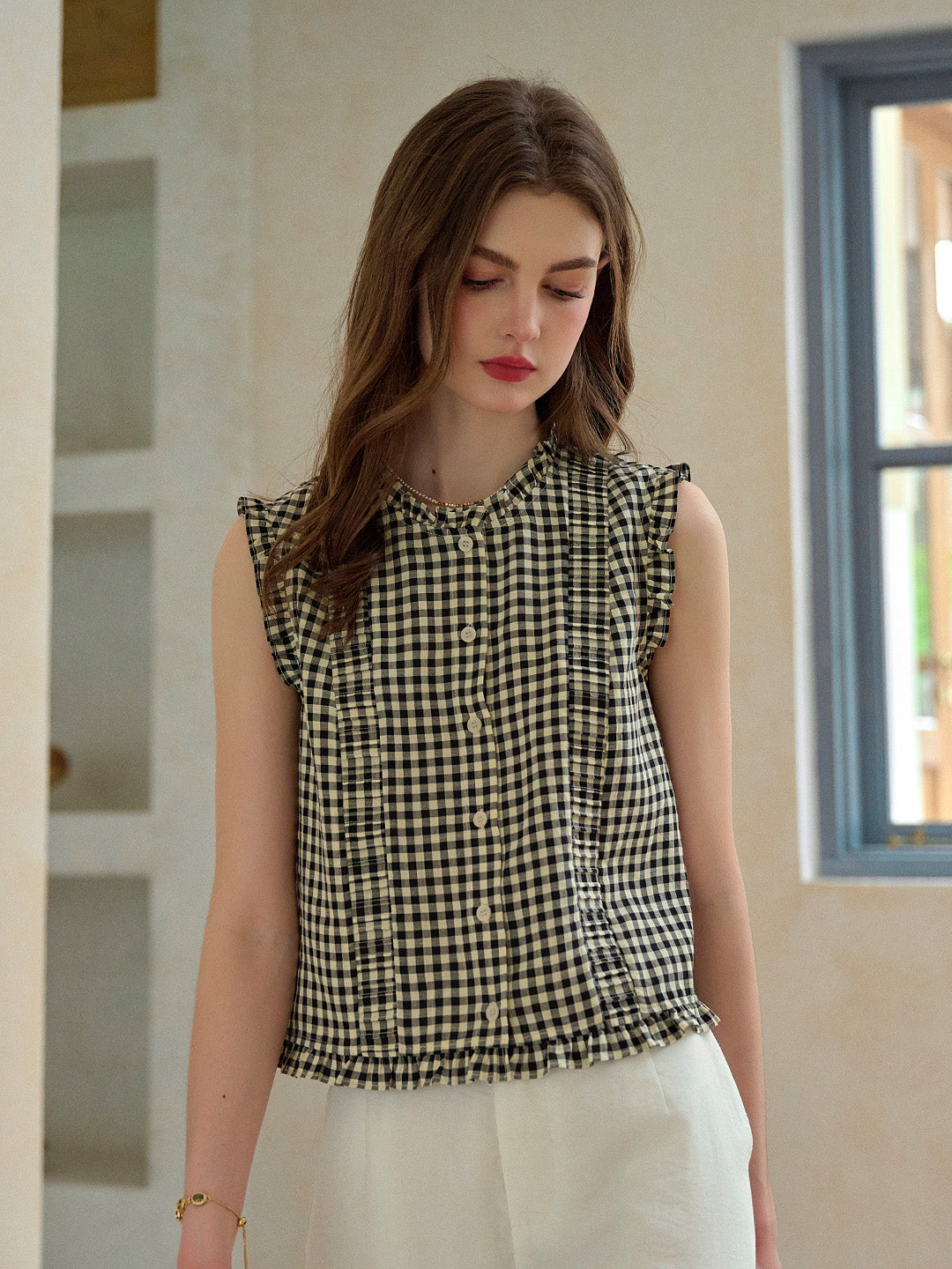 Tessa Round Neck Plaid Sleeveless Viscose Top