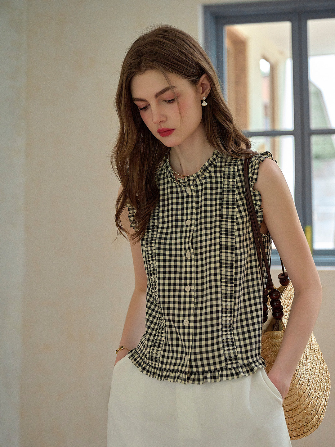 Tessa Round Neck Plaid Sleeveless Viscose Top