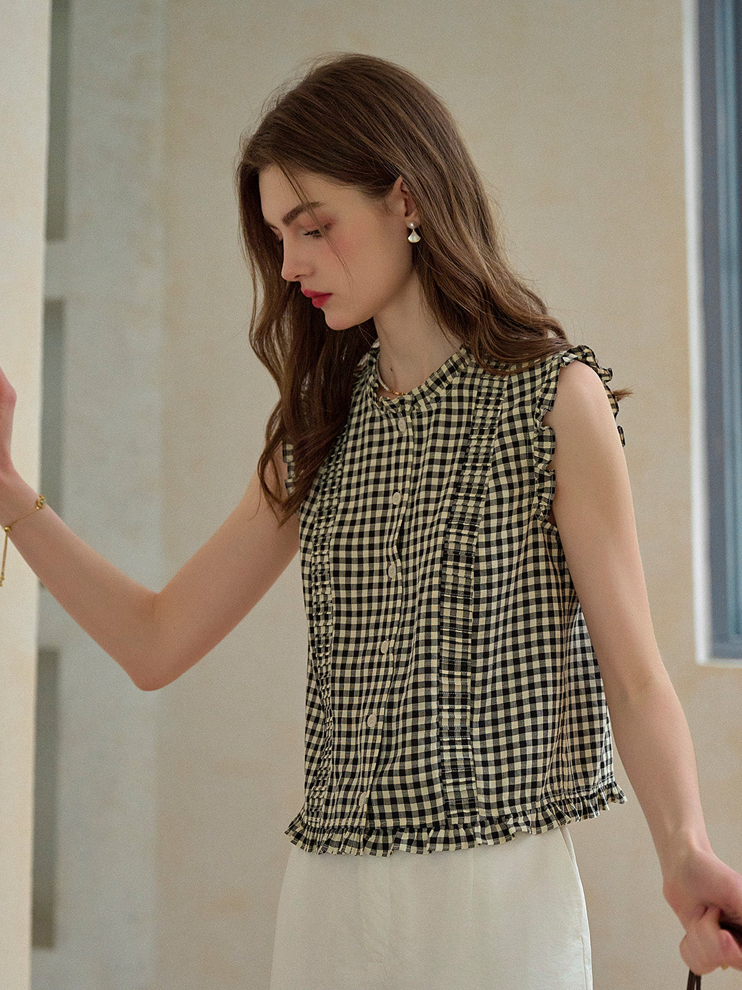 Tessa Round Neck Plaid Sleeveless Viscose Top