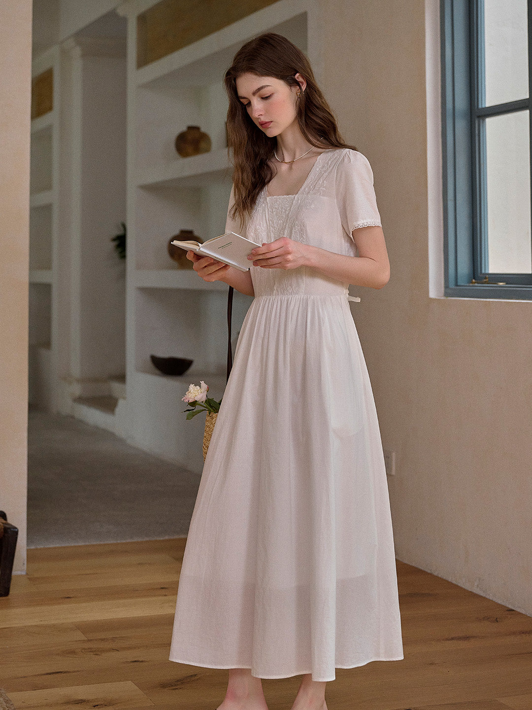 May Square Neck Embroidery 100% Cotton Dress