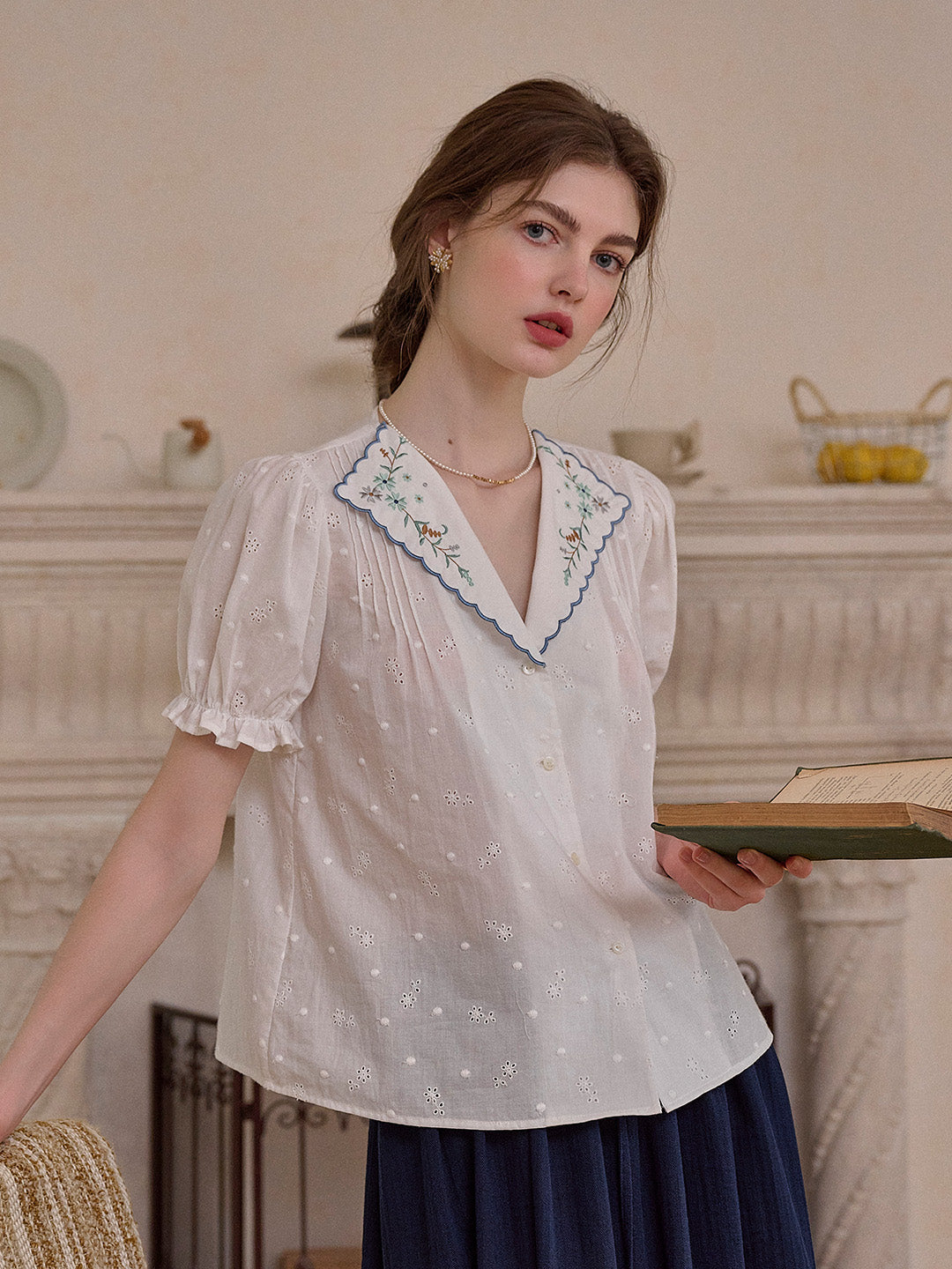 Lainey V-Neck Embroidery 100% Cotton Blouse
